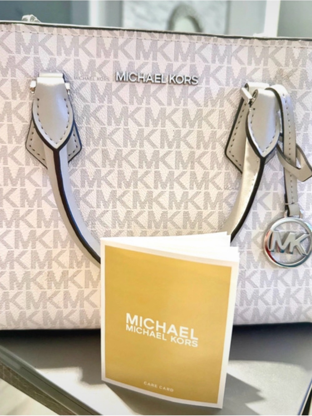 Michael Kors Beige Signature MK Tote with White Trim